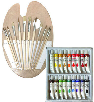 18 Oil Color Painting Paint Set + 12 Brush Set With Wood Palette Artist Set