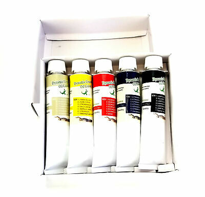 Set Of 5 Artist Quality Oil Paints 170ml Tubes, White, Yellow, Red, Blue, Black